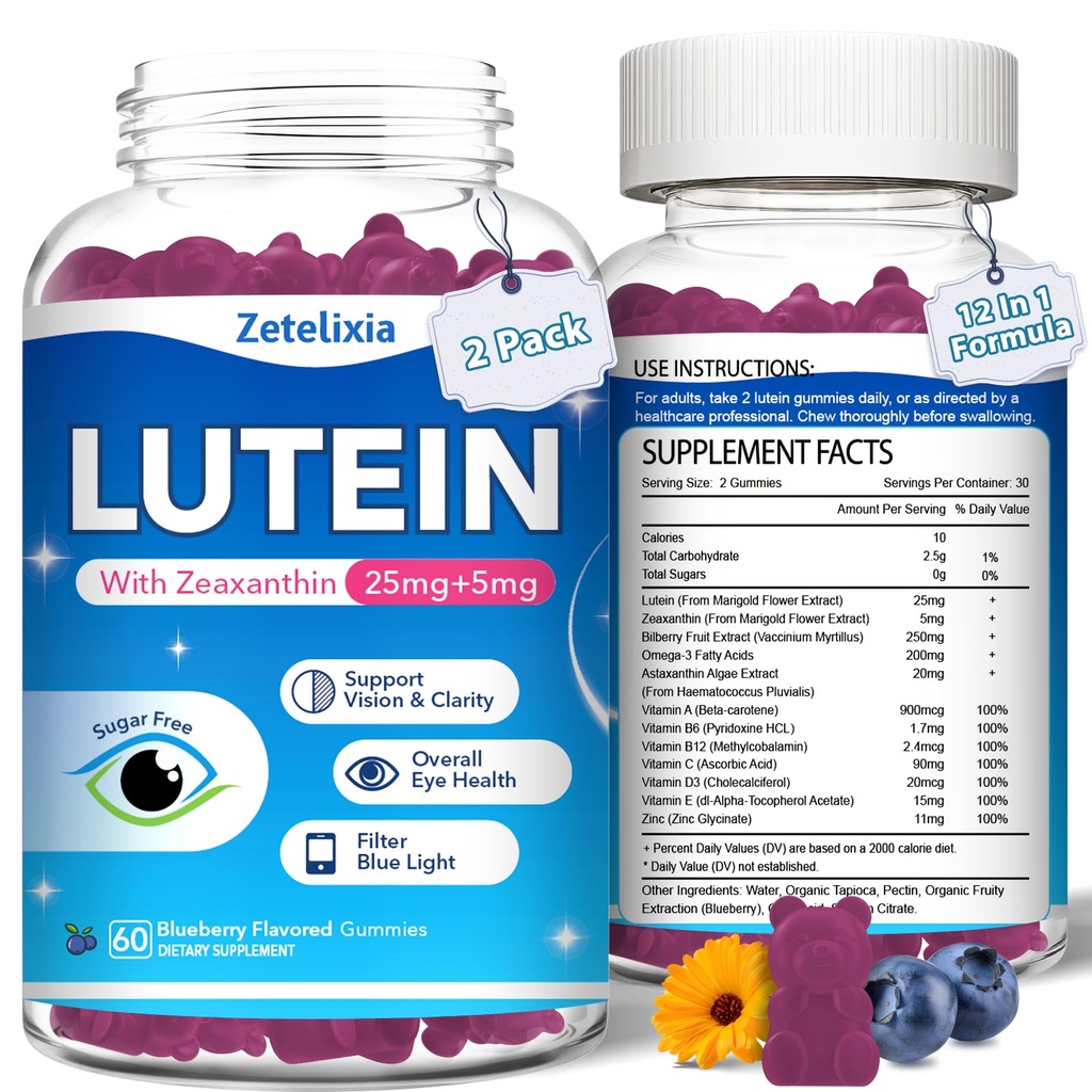 2 Pack Lutein Gummies, 12 i 1 Lutein og Zeaxanthin Kosttilskud Eye Vitaminer Gummies for voksne, Eye Health Supplement med multiple Vitamin til fremme af øje & Vision - 120 Gummies