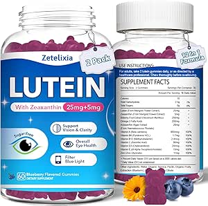 2 Pack Lutein Gummies, 12 i 1 Lutein og Zeaxanthin Kosttilskud Eye Vitaminer Gummies for voksne, Eye Health Supplement med multiple Vitamin til fremme af øje & Vision - 120 Gummies