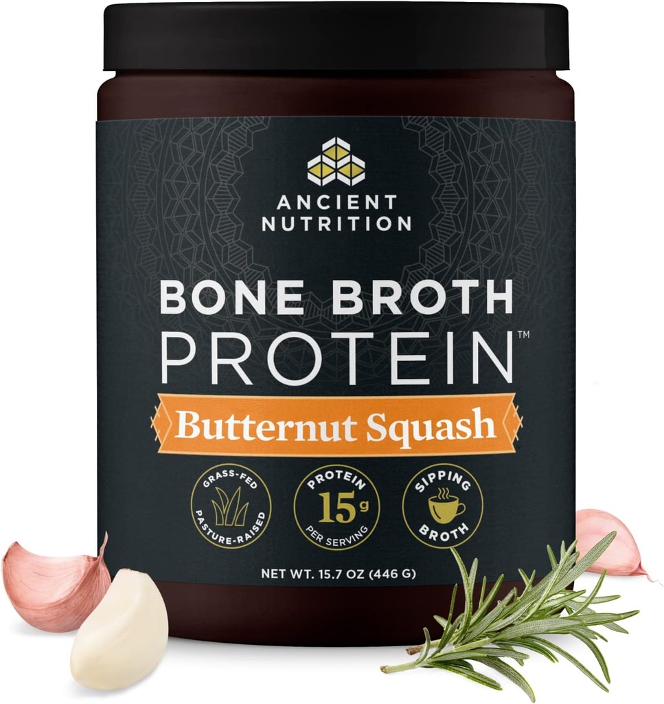 Ancient Nutrition Bone Broth Protein Powder, Butternut Squash, Grass- Fed kylling og oksekød Bone Broth Powder, 15g Protein Per Servering, Understøtter en sund Gut, 15 Servere