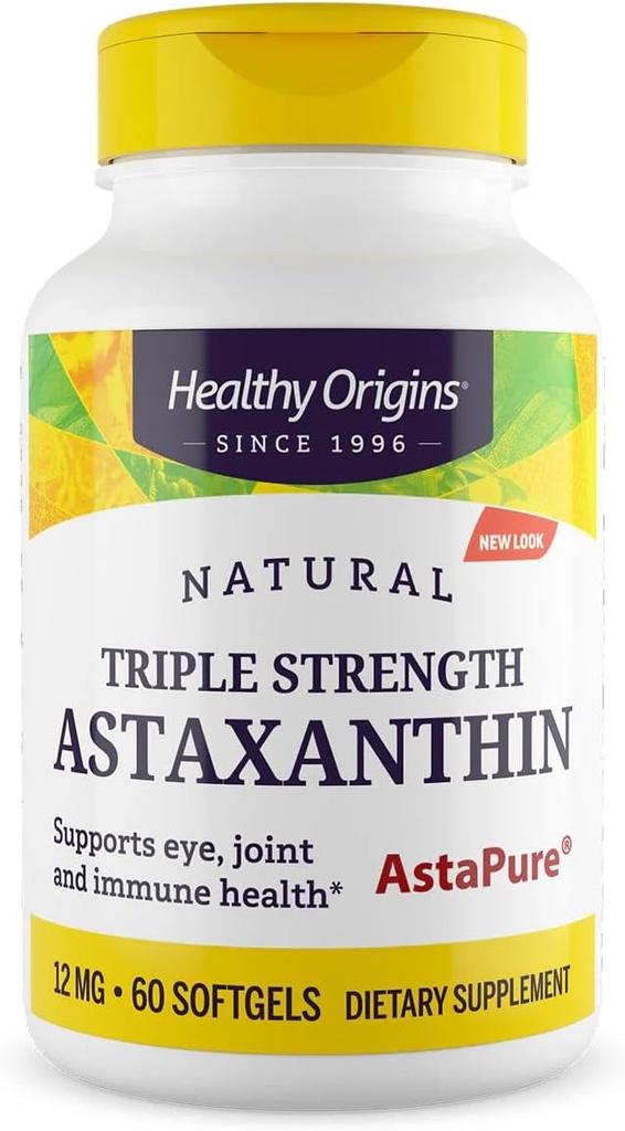 Sunde origin Astaxanthin 12 mg (Natural, Astapure, Triple Strength, Non- GMO, Gluten Free, Eye Support, Joint Support, Immunforsvar), 60 Softgels