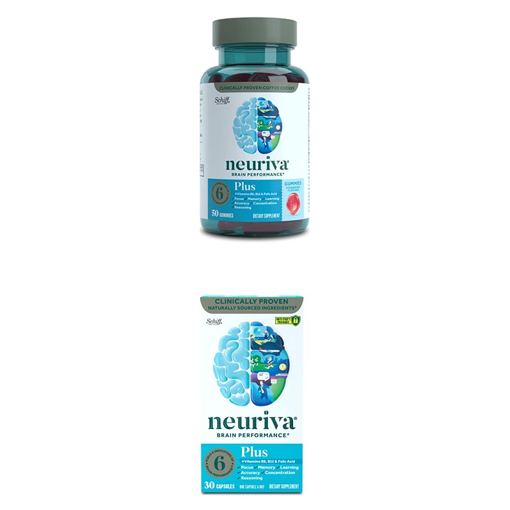 NEURIVA Nootrop Brain Support Supplement - Plus Strawberry Gummies (50 Tæl i en flaske) med Nootrop Brain Support Supplement - Plus Kapsler (30 Tæl i en kasse)