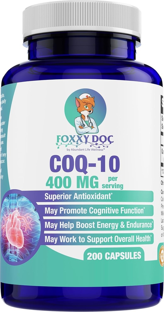 CoQ10 400 MG Per 2 Caps - Ubiquinone - Excellent Value - Heart, Brain & Cellular Supplement - Energistøtte - 200 Vegetabilske Caps i flaske - af Foxxy Doc