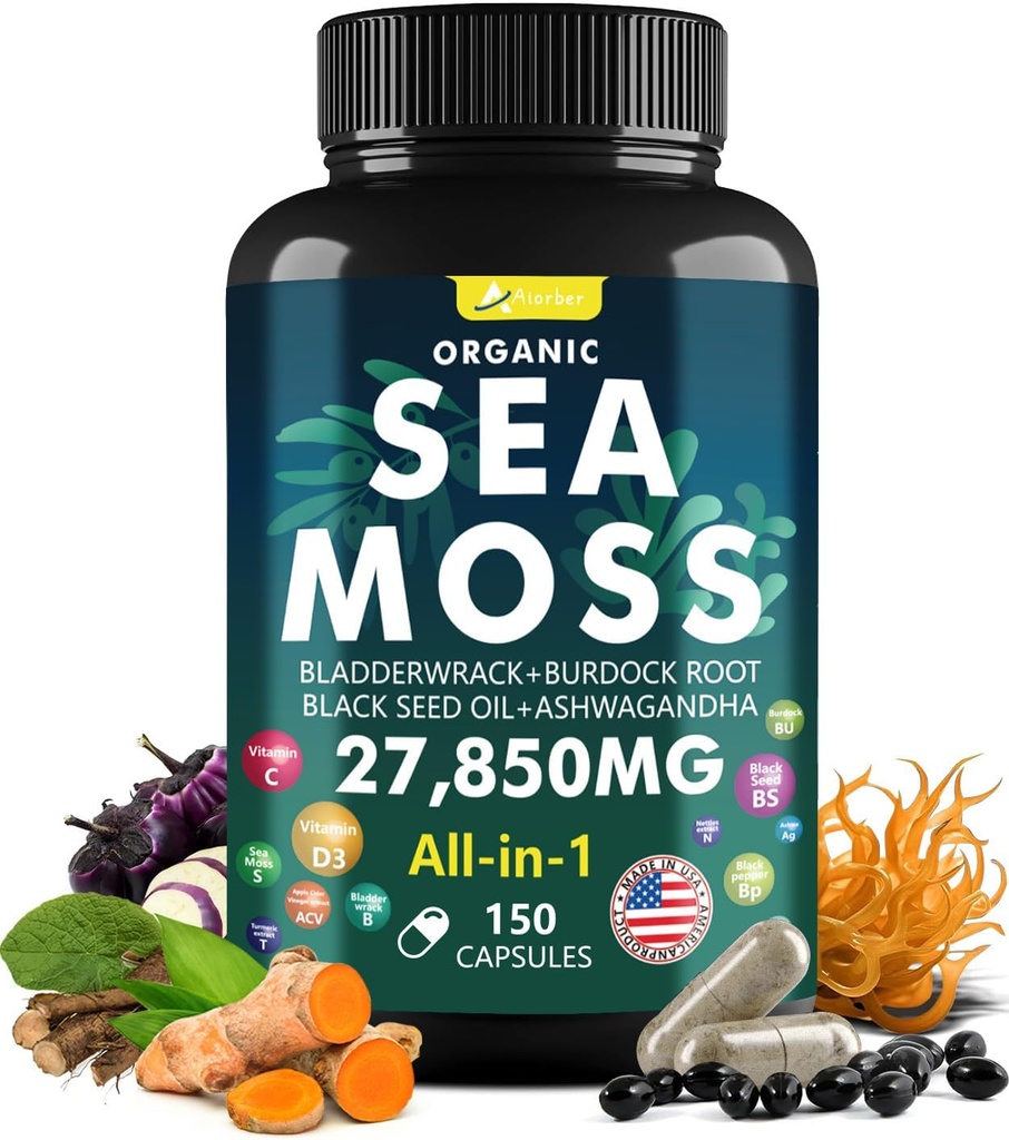 Sea Moss Capsules Complex med Black Seed Oil, Aşhwagandha, Burdock Root, Bladerwrack Ginger Vitaminer Multimineral Supplement - Irske Wild Seamoss Pills Advanced Blend for mænd og kvinder (150 kapsler)