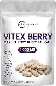 Micro Ingredients Vitex Berry Supplement, 1.000mg Per Serving, 240 Caplets Dec124; Potent Chaste Tree Berry Extract Decl. 124; fremmer menstruation, fertilitet, & Hormone Balance for Women Dec124; Non- GMO