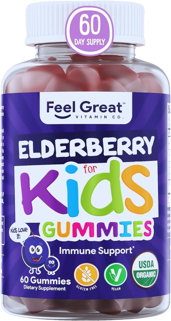 USDA Organic Elderberry Gummies for Kids against 124; immunsupport Elderberry med zink og C-vitamin - Gluten Free & Vegan Children 's Vitaminer - 60 Greve Measures 124; Sambucus Nigra Supplement