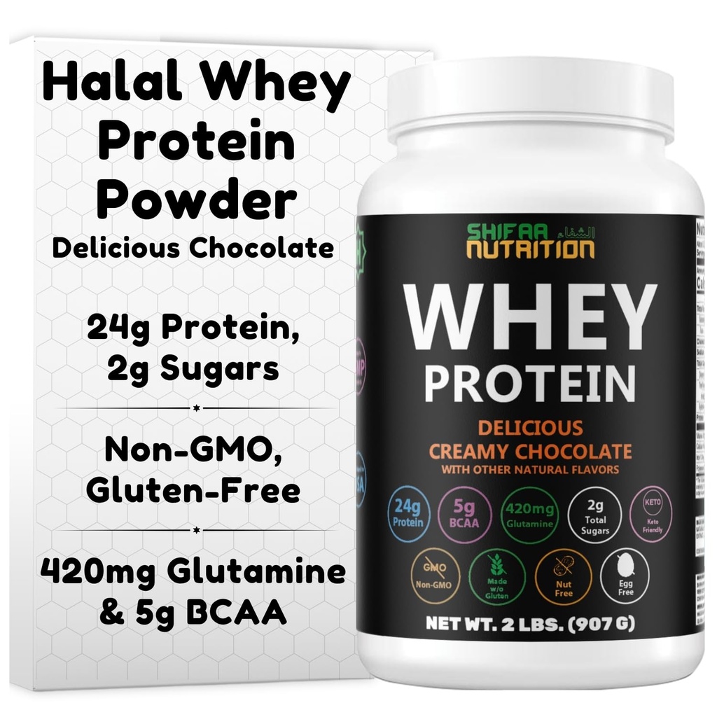 SHIFAA NUTRITION 2 Lbs Halal Whey Protein Powder Creamy Chocolate. 24g Protein, 5g BCAAs & 420mg Glutamine. for Building Lean Muscles & Recovery. Sugar- Free, Keto- Friendly, Gluten- Free, Non- GMO