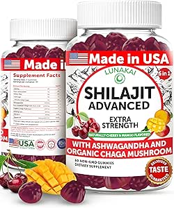 Lunakai USA Lavet Pure Shilajit Gummies 1200mg med Ashwagandha & Chaga - Himalayan Shilajit til mænd & kvinder, Energi & Vitality Support, 60ct