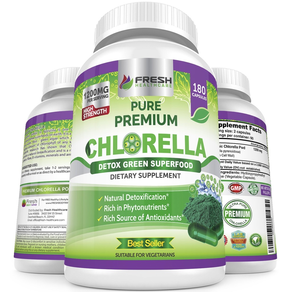 FRESH METHCARE Premium Chlorella supplement, 1200mg Pure Vegan Powder Kapsler, 180 Chlorophyll og CFG piller, Natural Detox Superfood, naturligt indeholder B vitaminer og mineraler
