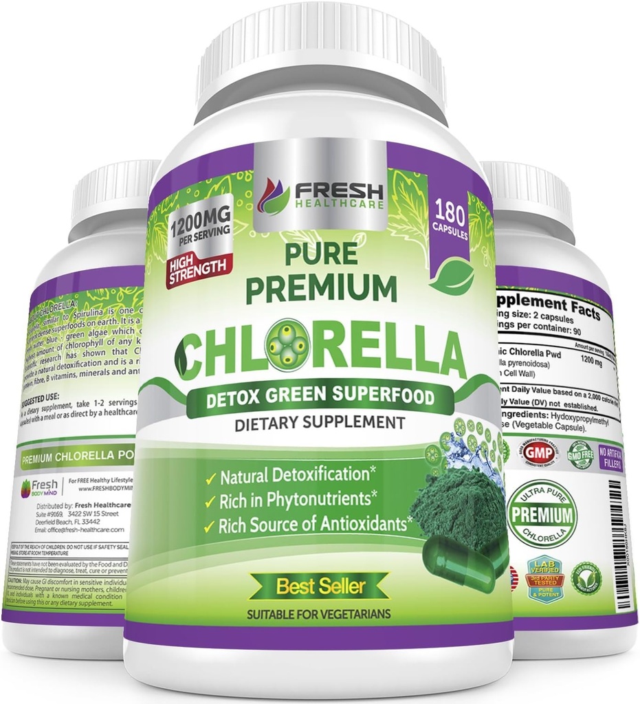 FRESH METHCARE Premium Chlorella supplement, 1200mg Pure Vegan Powder Kapsler, 180 Chlorophyll og CFG piller, Natural Detox Superfood, naturligt indeholder B vitaminer og mineraler