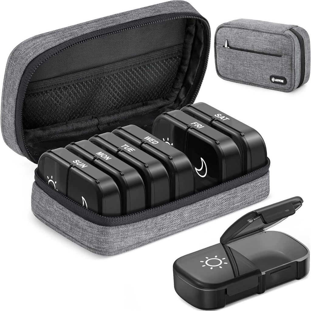 AUVON Canvas Bag XL Weekly Pill Organizer 2 gange om dagen, Travel Pill Box 7 Dag med One- Side Large Open, AM PM Pill Case med transportable klud taske til kosttilskud, vitaminer, fiskeolier