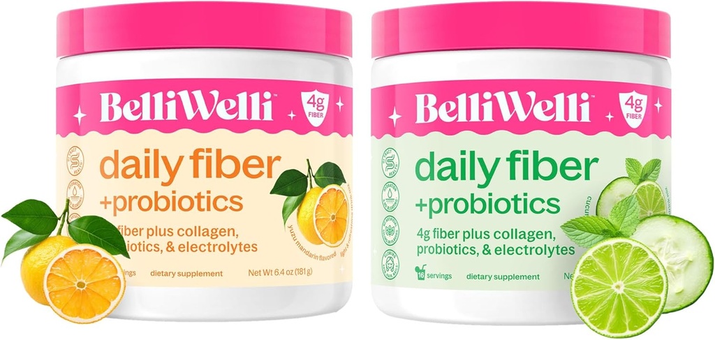 Daily Fiber Supplement Bundle med tilsatte kollagen, Probiotika & Elektrolyter - Cuckumber Lime Mint & Orange Yuzu Mandarin Flavors - Understøtter fordøjelsessygdomme, debloating & hydrering - 32 Tjenester i alt