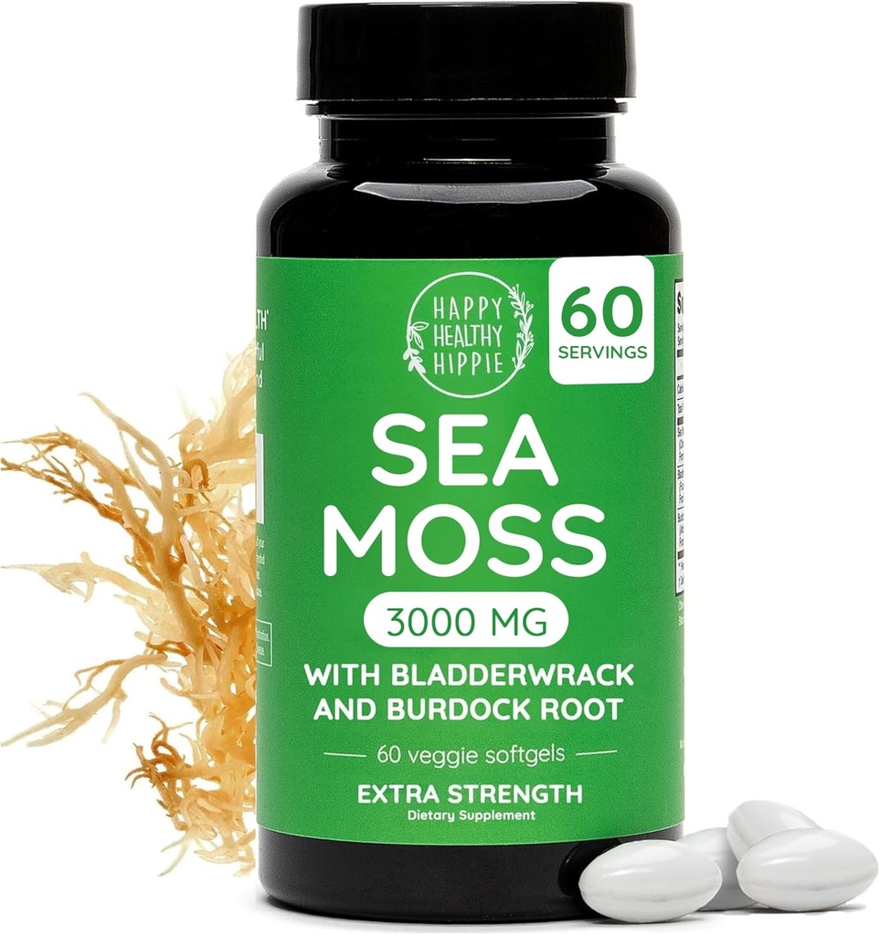 Happy Sund Hippie Sea Moss Gel Capsules 3000 mg (1 daglig) - Immunitet, Energy Boost & fordøjelsesstøtte Budd124; Fremstillede irske Seamoss Pills, Burdock Root, Bladderwrack Budd124; Lavet i USA, Vegan, 60 Ct