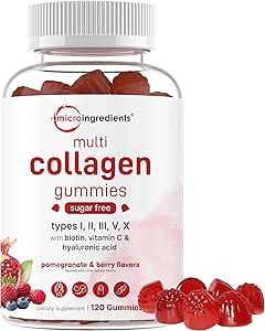 Mikroingredienser Multi Collagen Peptider, 120 Collagen Gummier Name 124; Type I, II, III, V, X Protein med biotin, Hyaluronsyre, & C-vitamin Complex
