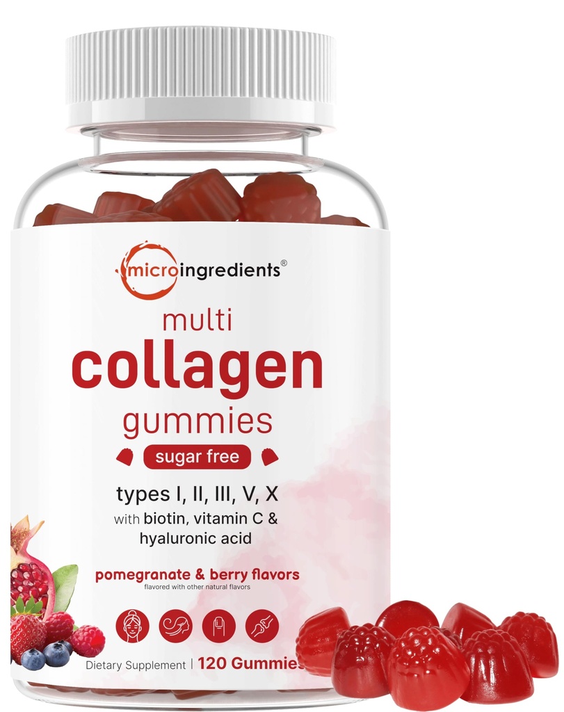 Mikroingredienser Multi Collagen Peptider, 120 Collagen Gummier Name 124; Type I, II, III, V, X Protein med biotin, Hyaluronsyre, & C-vitamin Complex