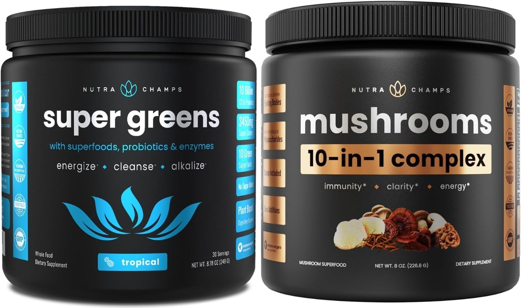 NutraChamps Super Green Tropical & Super Mushrooms: Ultimate Brain, Gut & Body Boost