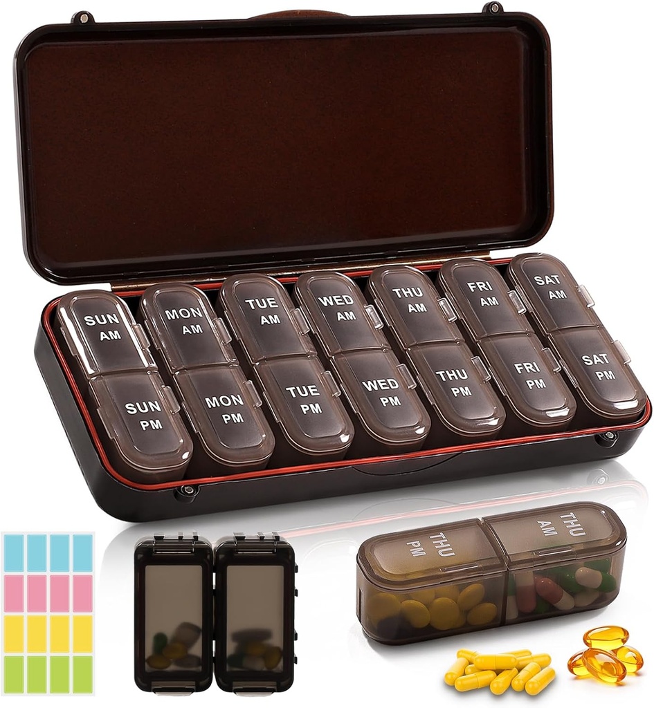 Ugentlig Pill Organizer 2 gange om dagen + 2 Aftagelig Pill Organizer kit - AM PM Travel Pill Organizer for Vitamin Medicin Supplement Fish Oil, Brown Daily Pill sag 2 gange om dagen