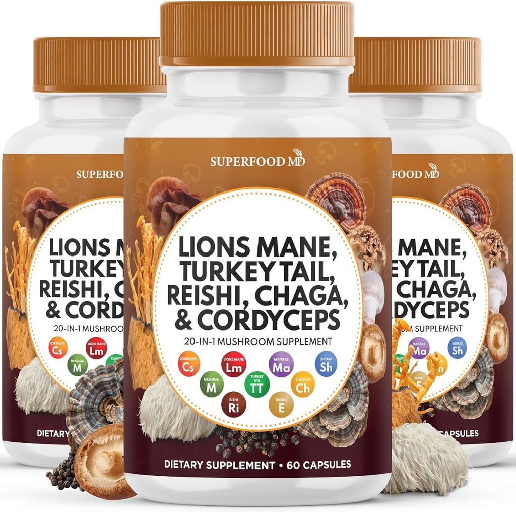 Lions Mane Mushroom tillæg med Tyrkiet Tail Reishi Cordyceps Chaga med Marshmallow Root - 180 Greve