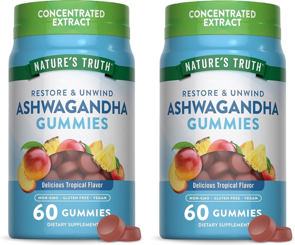 Nature 's Truth Ashwagandha Gummies against 124; 60 Tropical Flavor Gummies against 124; Vegan, non-GMO, & Gluten Free Supplement