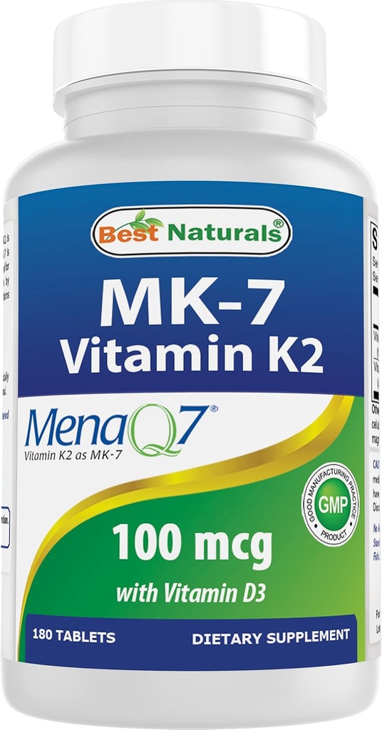 Bedste Naturals Vitamin K2 (MK7) med D3 Supplement Bone og Heart Health (5000 IE Vitamin D3 & 100 mcg Vitamin K2 MK7), 180 tabletter