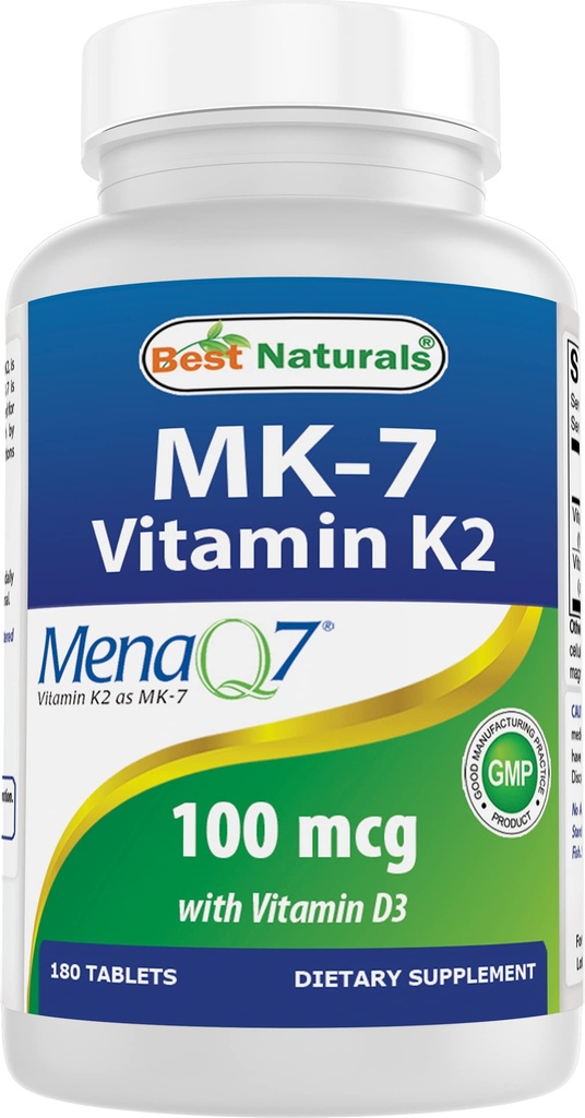Bedste Naturals Vitamin K2 (MK7) med D3 Supplement Bone og Heart Health (5000 IE Vitamin D3 & 100 mcg Vitamin K2 MK7), 180 tabletter