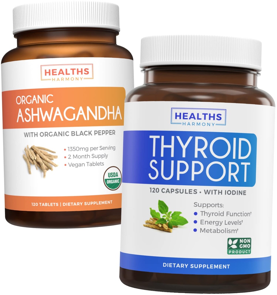 Bundle af Thyroid Support & Ashwagandha - Revive & Thrive Pack - Thyroid Support med jod (non-GMO) Forbedre energi & Organic Ashwagandha med 1350mg Ashwaganda Root Powder Per Serve