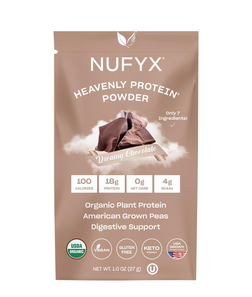 NUFYX ® • Heavenly Protein ® Powder • Verdens bedste 100% Økologiske Amerikanske Dyrkede Pærer • Vegan • Gluten Free • Lavcarb (Dreamy Chocolate, Packet)