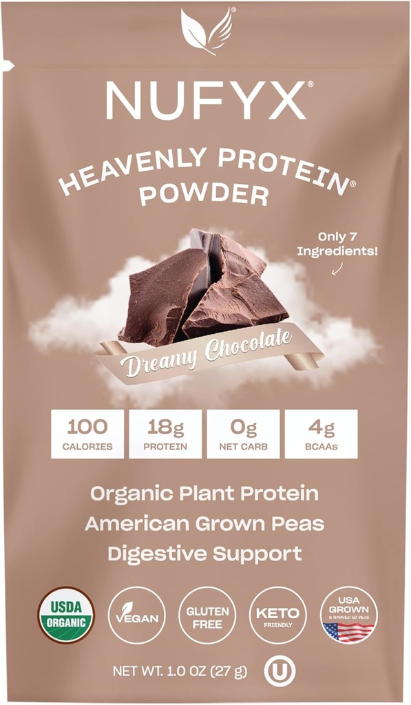 NUFYX ® • Heavenly Protein ® Powder • Verdens bedste 100% Økologiske Amerikanske Dyrkede Pærer • Vegan • Gluten Free • Lavcarb (Dreamy Chocolate, Packet)