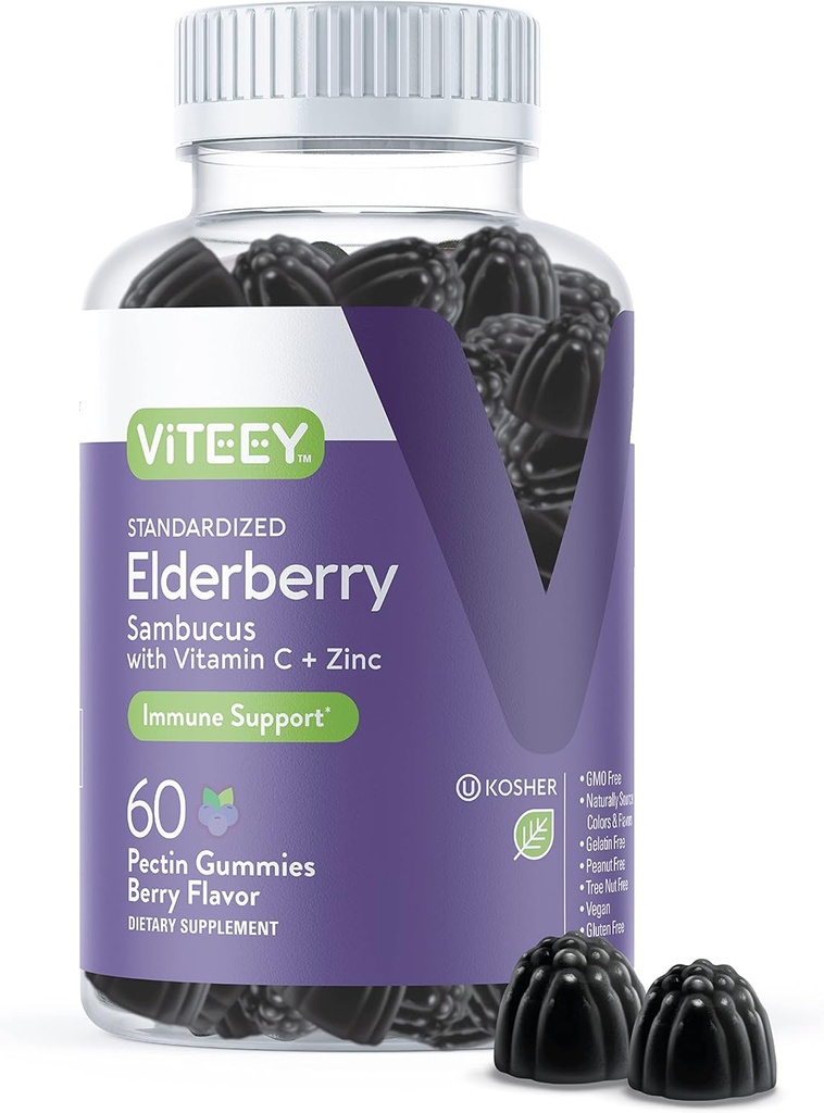 Viteey Sambucus Elderberry Gummies for Adults – Elderberry Vitamin C and Zinc Immunity Gummies - Vegan, Gluten-Free – 60 Count