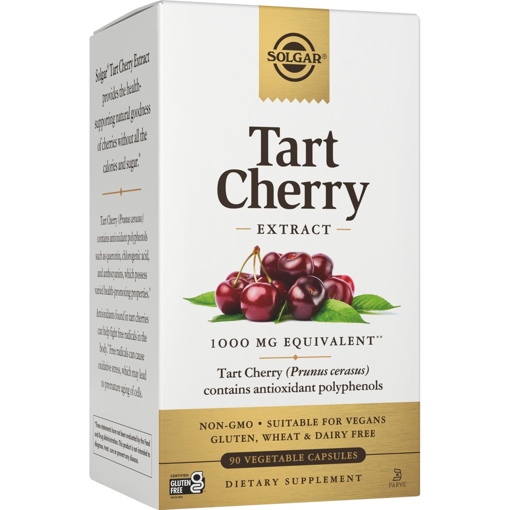Solgar Tart Cherry 1000 mg, 90 Vegetabilske kapsler - Antioxidant med Quercetin, Chlorogen Acid & Antocyanins Compounds - Non- GMO, Vegan, Gluten Free, Dairy Free - 90 Servere