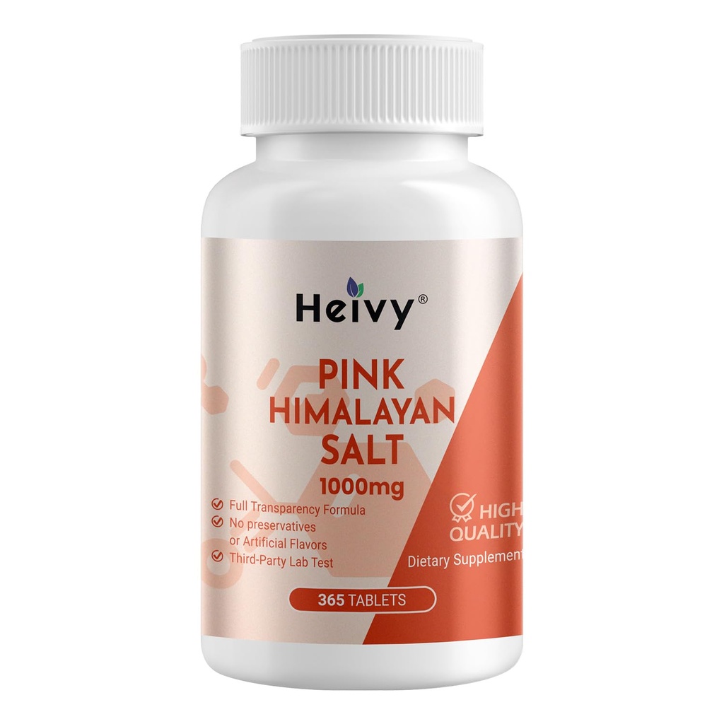 Heyvy Pink Himalayan salttabletter 1000mg - Natriumchlorid 988mg, non- GMO, Mineral- Rich Electrolyte Balance and Hydration, 365 salttabletter - Eektrolyte Supplement
