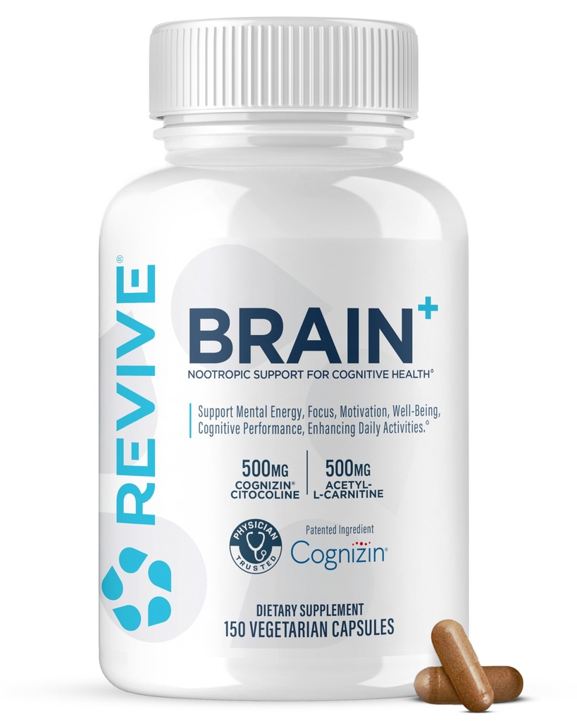 Revive MD Brain Supplements for Memory & Focus, Brain Plus - Stimulant Free Nootrop Supplement for kognitiv sundhed med Niacin, Vitamin B6 & B12, Acetyl- L- Carnitin HCL & Alpha- GPC- 150 Kapsler