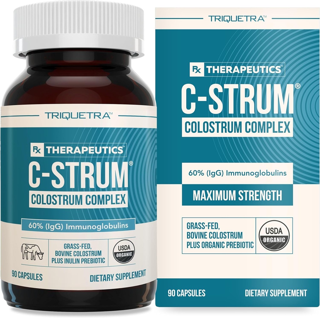 C- Strum ® Organic Bovine Colostrum Supplement, 60% igG, First Malking, Grass Fed, Max Strength Colostrum Kapsler fra tyske mælkekøer - Gut, Immunitet, Skin & Hår Support (90 tæller)