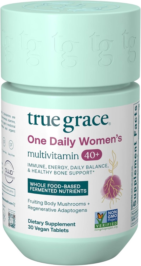 True Grace One Daily Women 's Multivitamin 40 + Fermented Minerals, Organic Adaptogens & Mushrooms Energy, Immunitet, Knoglestøtte - non-GMO - Jern, Gluten & Soy Free - 30 Veganske tabletter