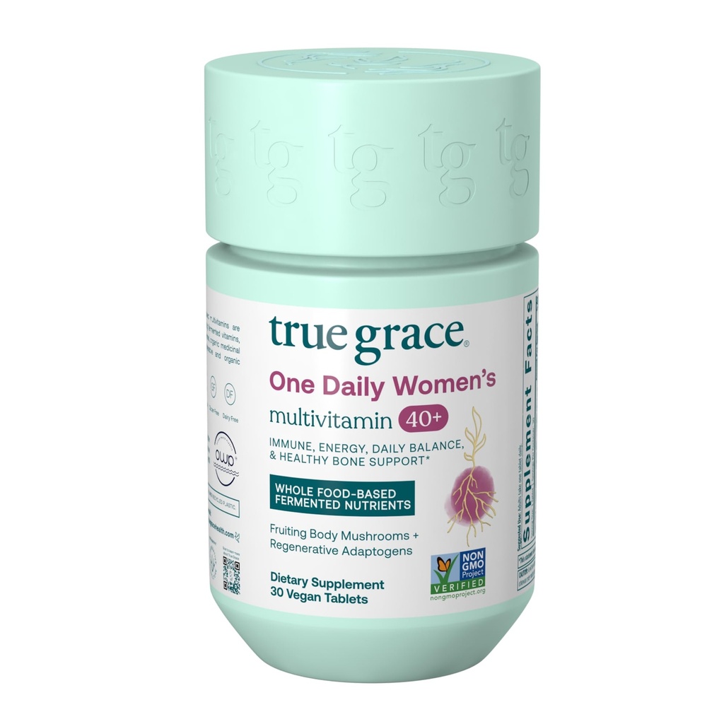 True Grace One Daily Women 's Multivitamin 40 + Fermented Minerals, Organic Adaptogens & Mushrooms Energy, Immunitet, Knoglestøtte - non-GMO - Jern, Gluten & Soy Free - 30 Veganske tabletter