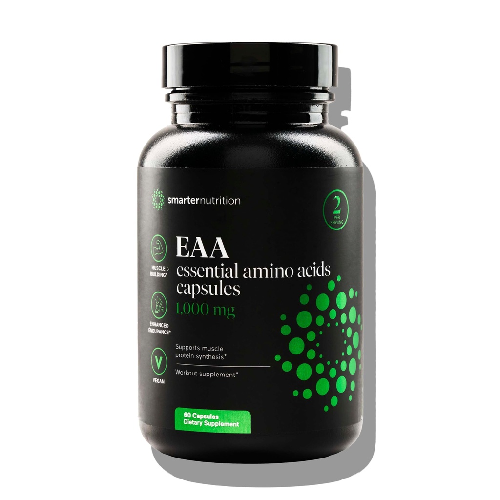 SMARTERNUTRITION Væsentlige Aminosyrer (EAA) Kapsler - 1 Gram per Servering af alle 9 EAA - Understøtter muskelmasse & motion - non-GMO, Vegan, Gluten Free - 60 Greve [30- Day Supply]