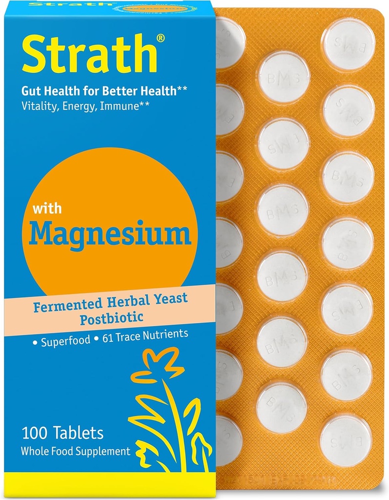 Strath with Magnesium Herbal Yeast Postbiotic 100 Tablets Б124; Understøtter immunfunktion Б124; Promoes Wellness Б124; Non GMO-mest124; Gluten Free Б124; Sugar Free Б124; Vegan Б124; Kosher