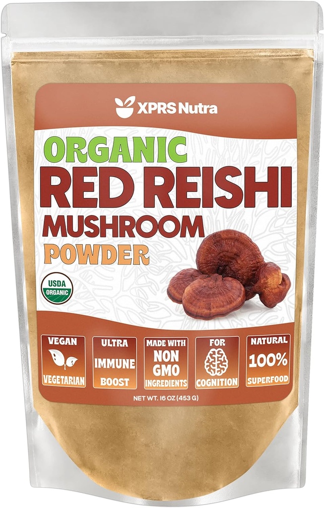 XPRS Nutra Organic Red Reishi Mushroom Powder - Premium Reishi Powder for Cognition - Vegan Reishi Mushrooms for Longevity and Energy (16 Ounce)