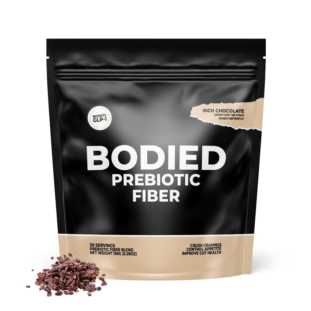 BODIED Fiber kakao PREBIOTIC - Chokolade smag - Boost GLP-1, Psyllium Husk, SolNul, Gut sundhed, fordøjelse & immunitet, nul tilsat sukker, Keto, Paleo Fasting Friendly 30 Servere.
