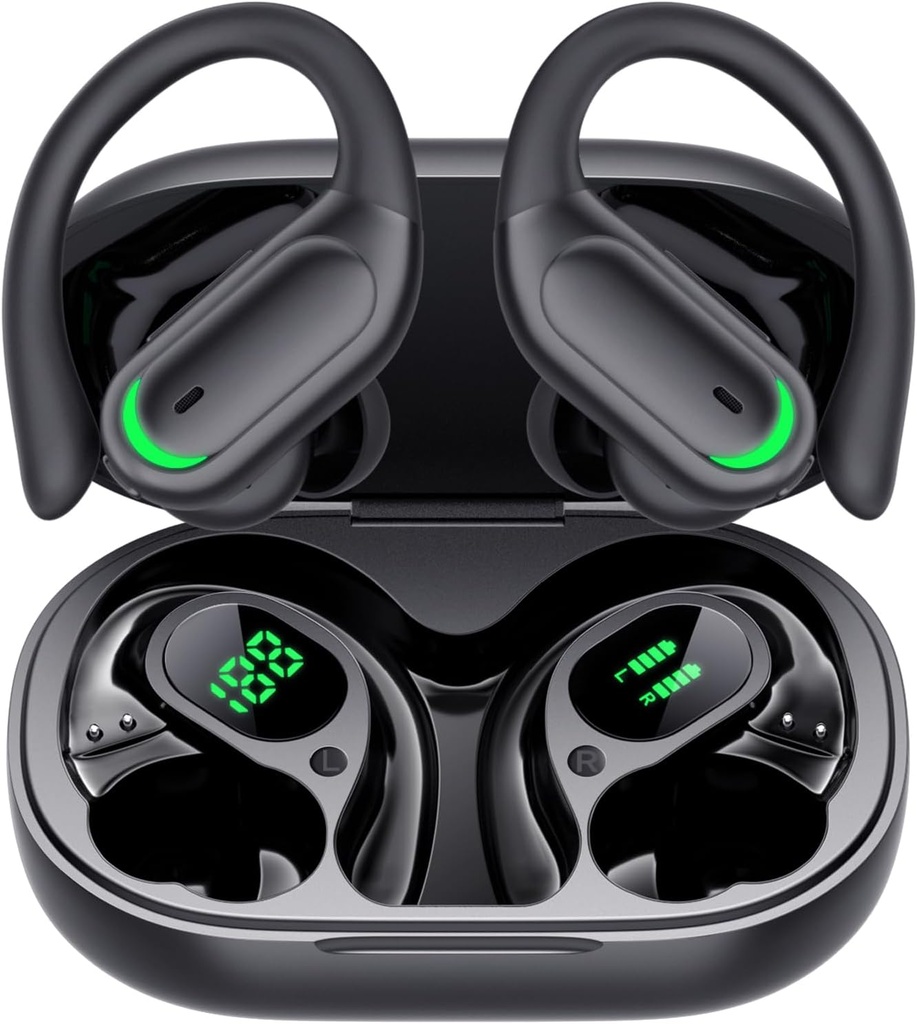 Trådløse Earbuds Bluetooth 5.4 Hovedtelefoner, 96timer Playtime, Trådløs opladning sag LED Display, Over Ear hovedtelefoner, ENC Støjdæmpning, Hi- Fi Sound, IP7 Vandtæt, til Sport træning (Deep Black)