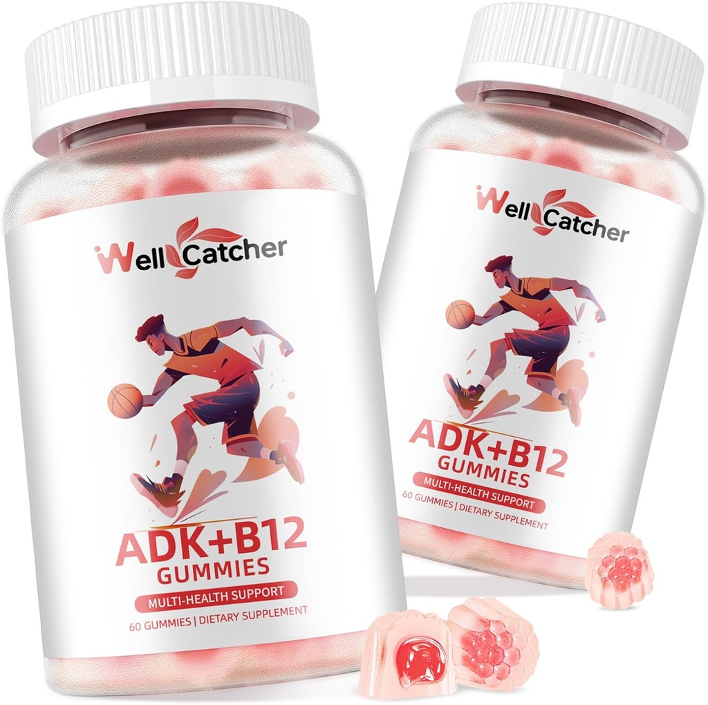 Vitamin ADK + B12 Gummies Kosttilskud: Vitamin D3 K2 (MK - 7) med B12 for mænd kvinder Chewable Vegan Multivitamin Support Bone Brain immun Skin Eye Heart Sugar Free Raspberry Flavored 2 Pakker