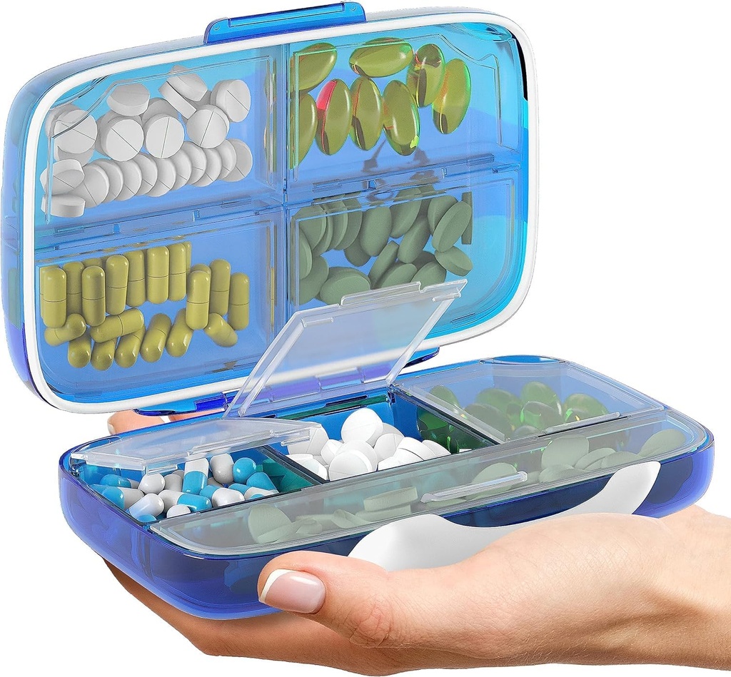 Blue and Rose Airtight Pill Organizer Pill Box Large Pill Dispenser Home Travel Supplement Holder Portable Vitamin Sorter Jumbo Size 8 Compartment Vitamin Container Daily Medicine Travel Essentials