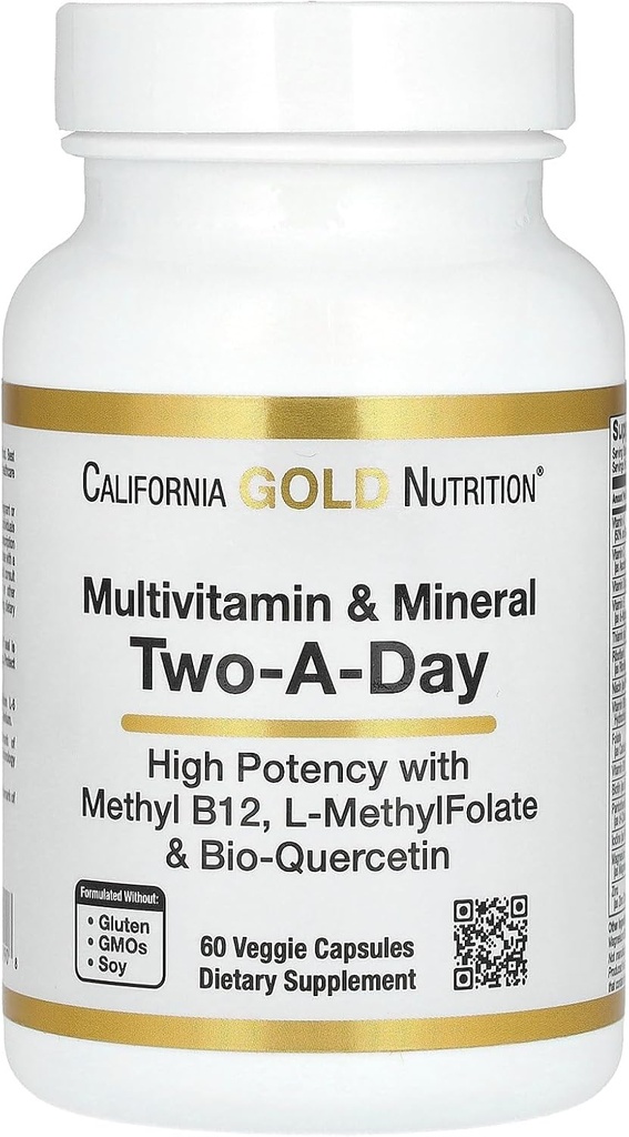 California Gold Nutrition Multivitamin and Mineral with Methyl B12, Vitamin C, L-MethylFolate and Bio-Quercetin, Two-A-Day, 60 Veggie Capsules