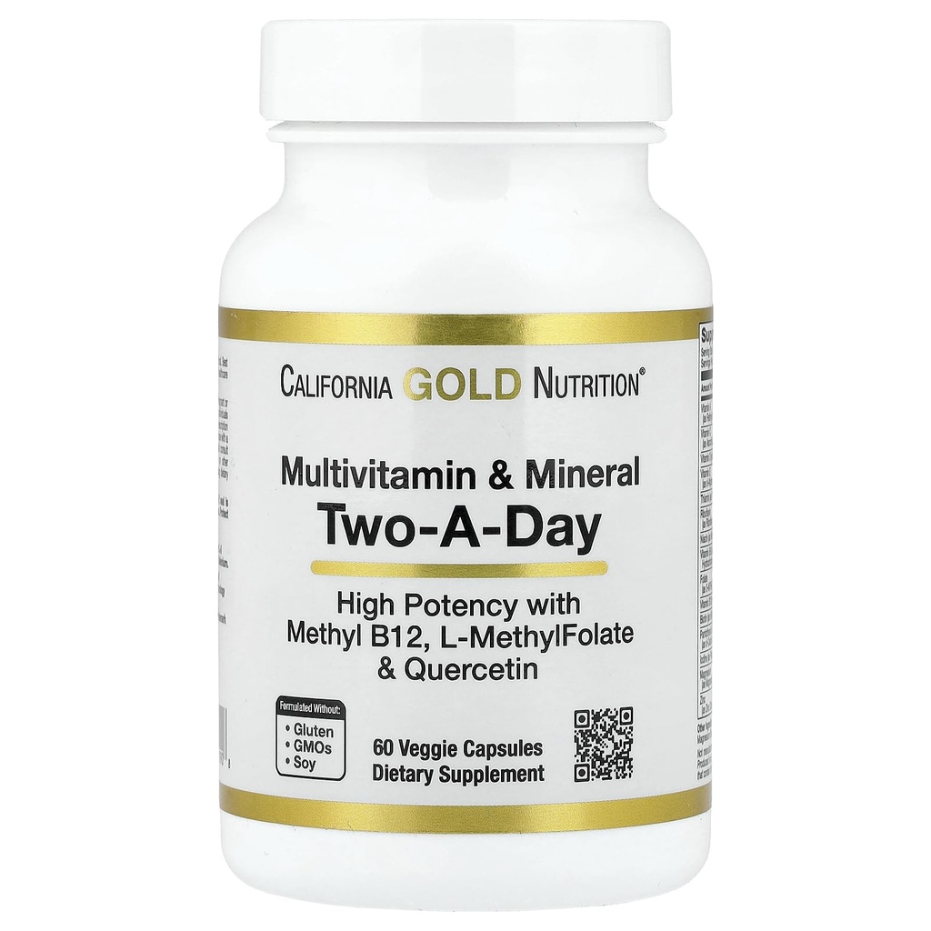 California Gold Nutrition Multivitamin og mineralsk med methyl B12, C-vitamin, L- methylFolate og Bio- Quercetin, Two-A- dag, 60 Veggie kapsler