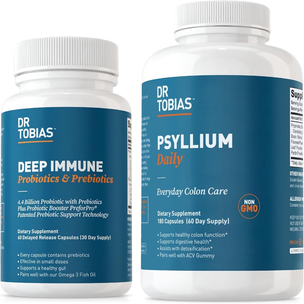Dr. Tobias Deep Immune Probiotika & Prebiotika og Psyllium Daily, understøtter fordøjelsessygdomme, Gut immunfunktion, Daily Fiber supplement i støtte af kolon sundhed med 4.4. Billion CFU