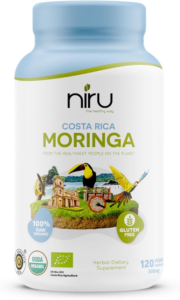 Niru Life Blue Zone Moringa Kapsler fra Costa Rica, 100% Organic Energy, Metabolisme & Immunsupport, 120 Kapsler, 500mg