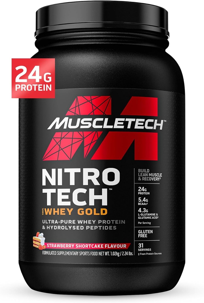 Whey Protein Powder, MuscleTech Nitro- Tech Whey Gold Protein Powder, Whey Protein Isolate Smoothie Mix, Protein Powder for kvinder & mænd, Strawberry Protein Powder, 2 lbs (28 Serv) -pakke varierer