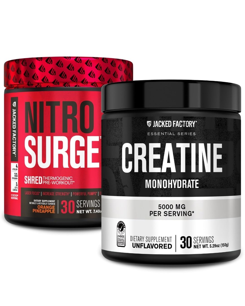 Jacked Factory NITROSURGE Shred Pre Workout Supplement (Orange Ananas, 30 Servere) & Creatin monohydrat pulver (Unflavored, 30 Servere)