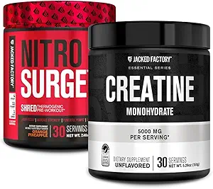 Jacked Factory NITROSURGE Shred Pre Workout Supplement (Orange Ananas, 30 Servere) & Creatin monohydrat pulver (Unflavored, 30 Servere)