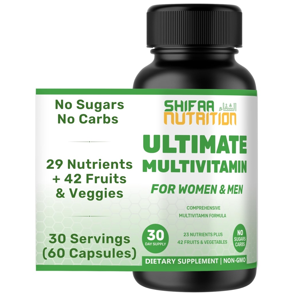 SHIFAA NUTRITION Halale multivitaminer til kvinder, mænd og voksne, 30 Servering af 124; Jern, vitamin A, B6, B12, Biotin, Niacin, C, D3, E, zink, Calcium, folinsyre, CoQ10