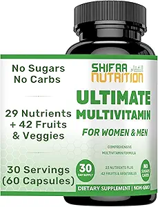 SHIFAA NUTRITION Halale multivitaminer til kvinder, mænd og voksne, 30 Servering af 124; Jern, vitamin A, B6, B12, Biotin, Niacin, C, D3, E, zink, Calcium, folinsyre, CoQ10
